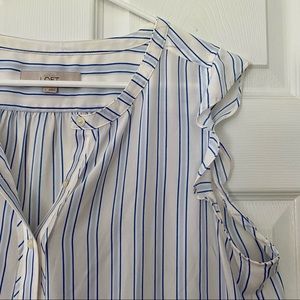 LOFT Baby Blue + White Striped Ruffle Sleeve Top Size L